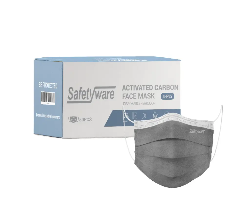 [1412EL-BLK-50] SAFETYWARE 4-Ply Activated Carbon Earloop Face Masks